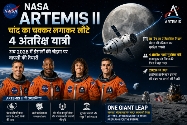 artimisII NASA Artemis II: चांद का चक्कर लगाकर लौटे 4 अंतरिक्ष यात्री, अब 2028 में इंसानों की चंद्रमा पर वापसी की तैयारी