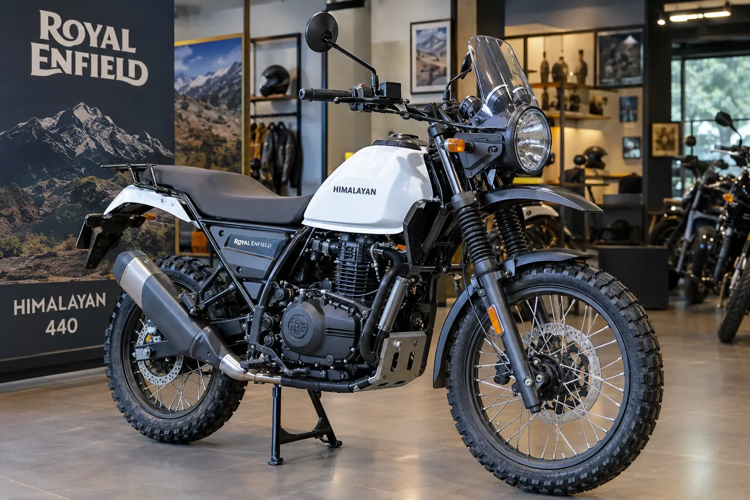 Royal Enfield Himalayan 440 शोरूम में 21-इंच फ्रंट व्हील के साथ