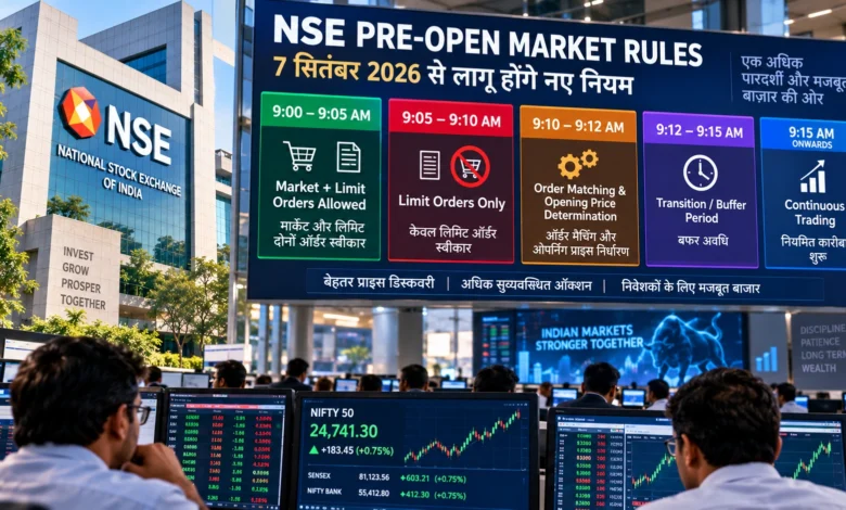NSE Pre-Open Market Rules में 7 सितंबर 2026 से बदलाव और नई ऑर्डर टाइमिंग दिखाती न्यूज इमेज