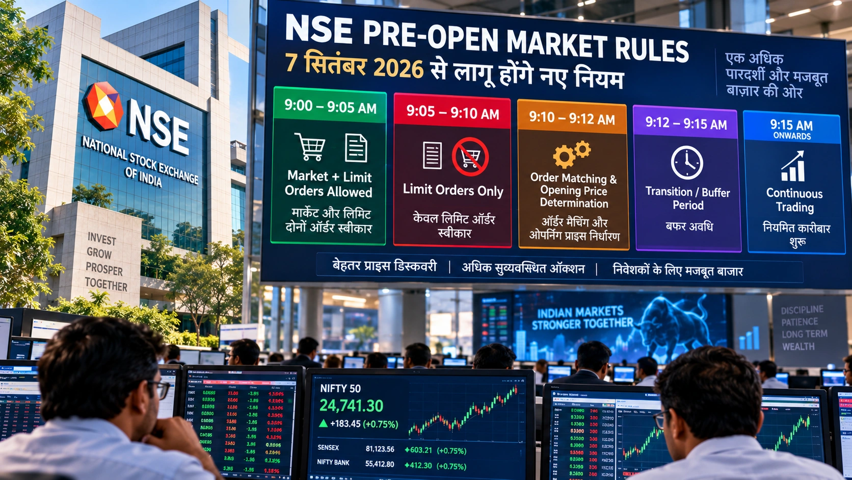NSE Pre-Open Market Rules में 7 सितंबर 2026 से बदलाव और नई ऑर्डर टाइमिंग दिखाती न्यूज इमेज